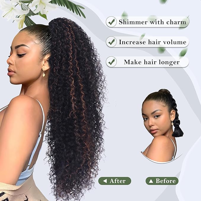 27 Inch Drawstring Ponytail Extension for Black Women Deep Curly Ponytail Extension Synthetic Mixed with Human Hair Hairpieces Afro Kinky Curly Pony Tail for Daily Use (Brown Highlight)