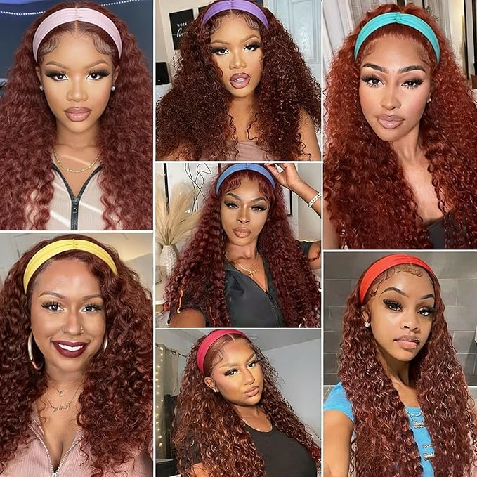 XSY Headband Wig Human Hair Kinky Curly 99J Burgundy Headband Wigs for Black Women Deep Curly Human Hair Wigs None Lace Front Wig 150% Density 18 Inch