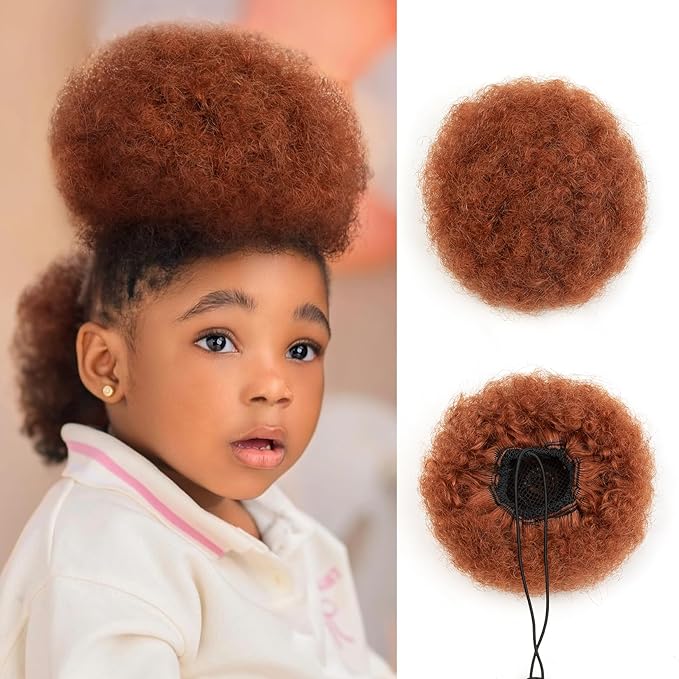 Kids Afro Puffs Ponytail for Black Women Natural Real Human Hair Short Kinky Curly Ponytail Extension 4c Drawstring Ponytail Cheer Fake Bun African American Afro Updo High Buns Copper Red 6 Inch 40g