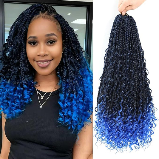 8 Packs Crochet Box Braids- 18 Inch Goddess Box Braids Crochet Hair Bohomian Crochet Braids Hair Synthetic Braiding Hair Extensions Crochet Hair for Black Women (1B/Blue)