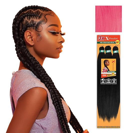 Sensationnel X-pression prestretched braiding hair - 3x braid 58 inch all kanekalon flame retardant synthetic braid for box braids and twists (2 pack, PINK)