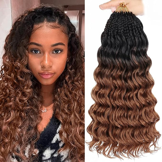 Leeven 14 Inch 8 Packs Curly Crochet Hair Pre Looped Boho Ocean Wave Crochet Hair Black to Brown 2 Tone Short Ocean Braids Pre Twisted Synthetic Deep Wavy Crochet Hair for Women
