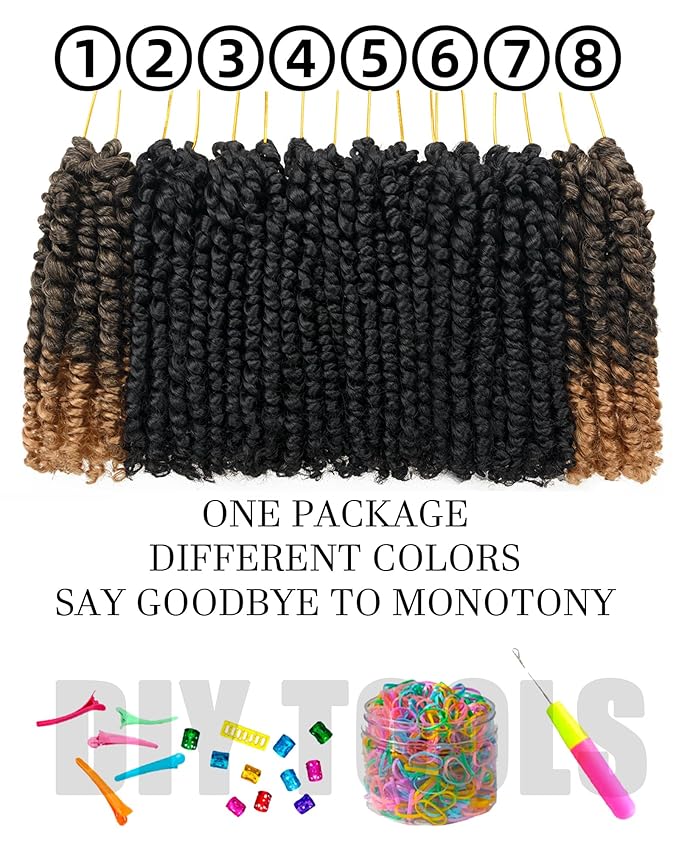 Passion Twist 8 Inch Crochet Hair-Mixed Color Combo (6+2 Packs 1B+T27), Pre-twisted, Pre-looped Soft & Bouncy Synthetic Braided Hair Extensions For Black Women