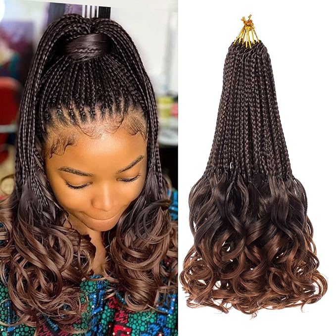 14 Inch Ombre Brown French Curl Crochet Braids 9 Packs Goddess Box Braids Crochet Hair with Curly Ends Pre Looped Bohemian Braiding Hair for Women