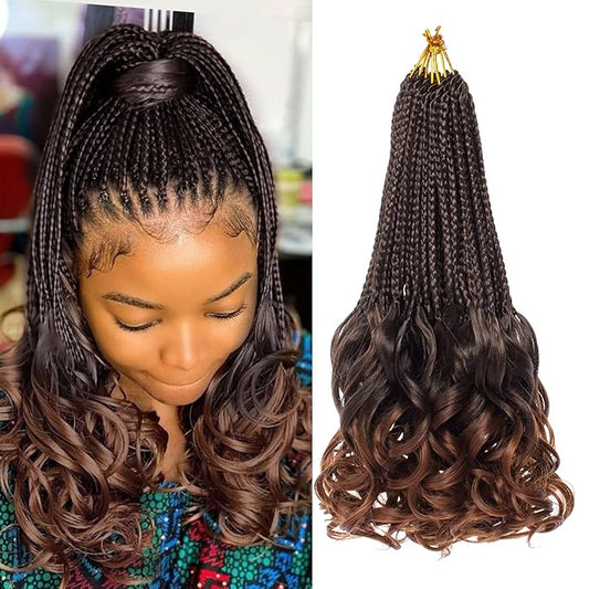 14 Inch Ombre Brown French Curl Crochet Braids 9 Packs Goddess Box Braids Crochet Hair with Curly Ends Pre Looped Bohemian Braiding Hair for Women