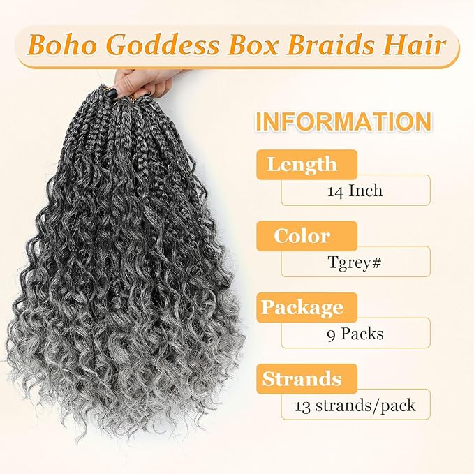 Goddess Box Braids Crochet Hair 14 Inch Boho Crochet Box-Braids, 9 Packs Boho Box-Braid Crochet-Hair For Black Women Pre Looped Box Braiding (14Inch 9 Packs,TGrey)