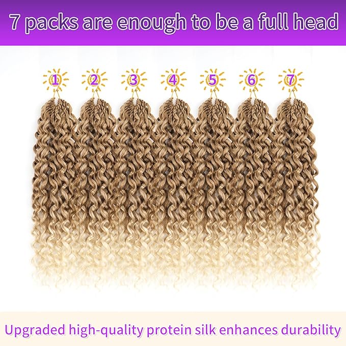 Gogo Curl Crochet Hair 7 Packs Pure Protein Fiber Close to Human Hair Pre looped Water Wave Crochet Hair Deep Twist Synthetic Braiding Hair for Women (P27/613, 12Inch)