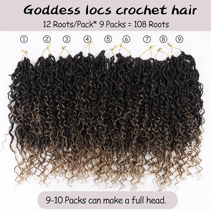 Goddess Locs Crochet Hair,Vemet 16 Inch 9 Packs Synthetic Faux Locs Crochet Hair for Black Women,River Locs Hair Extensions Boho Style Pre looped Faux Locs with Curly Ends