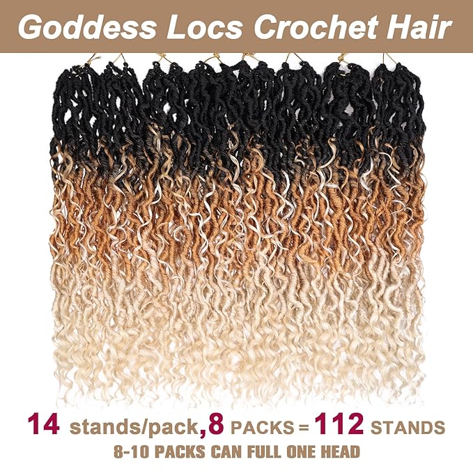 COOKOO 18 Inch 8 PCS Pre Curled Goddess Faux Locs Crochet Hair with Curly Ends 14 Strands/Pack Bohemian Curly Crochet River Locs Braids Hair for Black Women Hippie Locs Crochet Braids Hair 1B/27/613#
