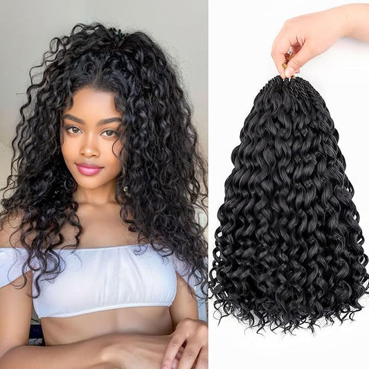New Gogo Curl Crochet Hair Protein Fiber Close to Human Hair 14-Inch 7-Packs Pre-Looped Water Wave & Deep Twist Natural Look Tangle-Resistant for Black Women (1B, 14Inch)