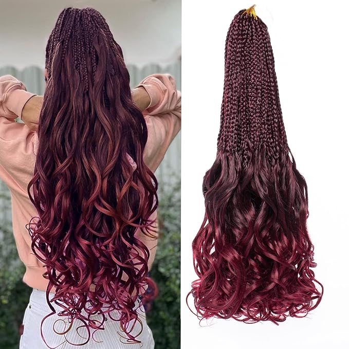 9 Packs French Curl Crochet Braids 18 Inch Ombre Burgundy Pre Looped Goddess Box Braids with Curly Ends Red Bouncy Synthetic Bohemian French Curly Braiding Hair for Women