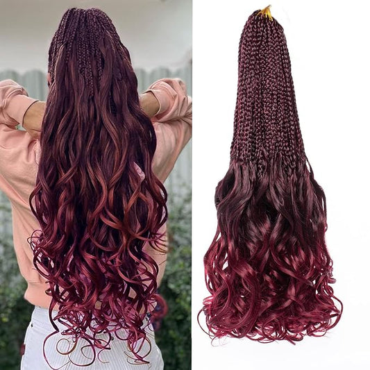 9 Packs French Curl Crochet Braids 18 Inch Ombre Burgundy Pre Looped Goddess Box Braids with Curly Ends Red Bouncy Synthetic Bohemian French Curly Braiding Hair for Women