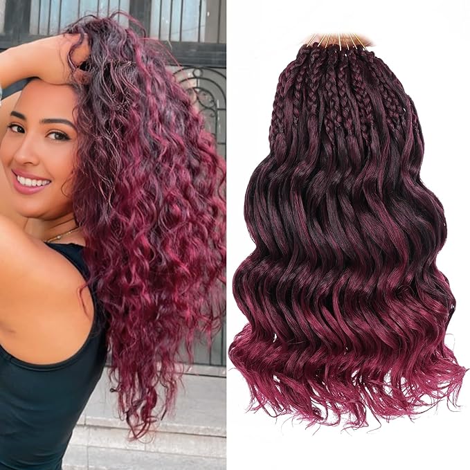 Leeven 10 Inch Pre Looped Curly Crochet Hair - 8 Packs Ombre Red Boho Ocean Wave - Burgundy Short Ocean Braids - Pre Twisted Synthetic Deep Wavy Crochet Hair for Women