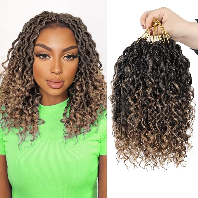 Goddess Locs Crochet Hair,12 Inch 9 Packs Synthetic Faux Locs Crochet Hair for Black Women,River Locs Hair Extensions Boho Style Pre looped Faux Locs with Curly Ends