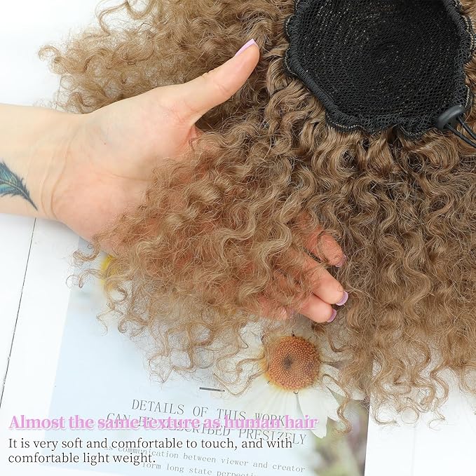 Drawstring Curly Ponytail Extensions for Black Women Protein Silk Fiber Human Hair Soft Feeling Afro Kinky Curly Hair Puff Pony tails Lightweight, Soft Natural Budget-Friendly for Daily Styles