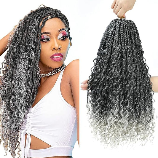 8 Packs Crochet Box Braids- 18 Inch Goddess Box Braids Crochet Hair Bohomian Crochet Braids Hair Synthetic Braiding Hair Extensions Crochet Hair for Black Women (18(8Packs), 1B/Silver)