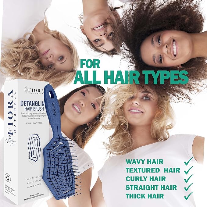 Fiora Naturals Hair Detangling Brush for Women - Detangler Hair Brush w/Flexible Soft Bristles- Gently Glides Through Tangles - Curly, Fine, Dry and Shower Wet HairBrush, cepillo para cabello - Blue