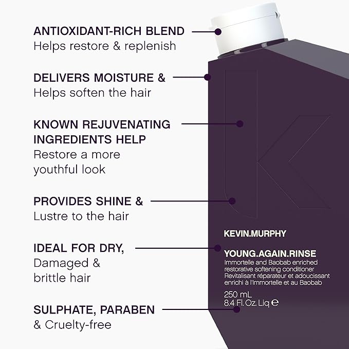 KEVIN.MURPHY YOUNG.AGAIN.RINSE - Moisturising Anti-Ageing Conditioner - For Ageing, Dry, Damaged & Brittle Hair - Hair Repair - With Amino Acids - Sulphate & Paraben Free - 250 mL / 8.4 fl oz