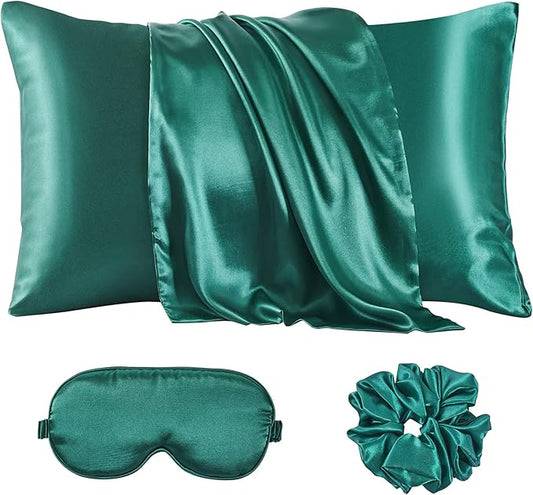 Satin Pillowcase for Hair and Skin, Vegan Silk Pillowcase Set-2 Dark Green Satin Pillowcases, 1 Eye Mask, 1 Scrunchie-Luxury Sleep Set, Silky Pillow Cases Queen Size with Envelope Closure
