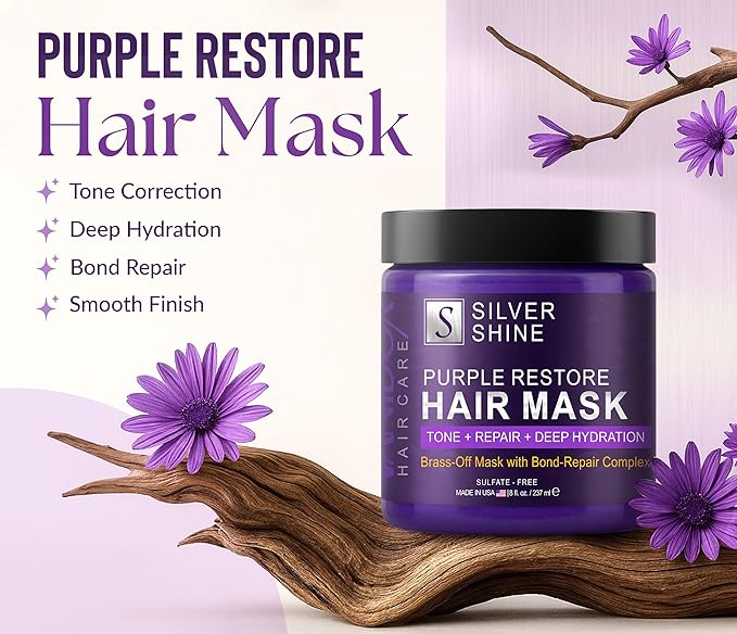 Deep Conditioning Silver Shine Purple Hair Mask for Gray Hair, Purple Toner for Brassy, Bleached, Silver, or Color Treated Hair, Restore Moisture & Brighten Dull Hair, Sulfate Free, Made in USA, 8oz