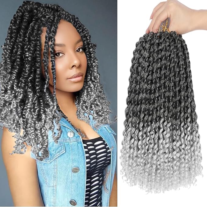 Ubeleco Ombre Silver Passion Twist Hair, 10 Inch Water Wave Crochet Hair Short Passion Twist Crochet Hair Bohemian Synthetic Curly Braiding Hair Extensions (10 Inch (Pack of 7),1B/Gray)