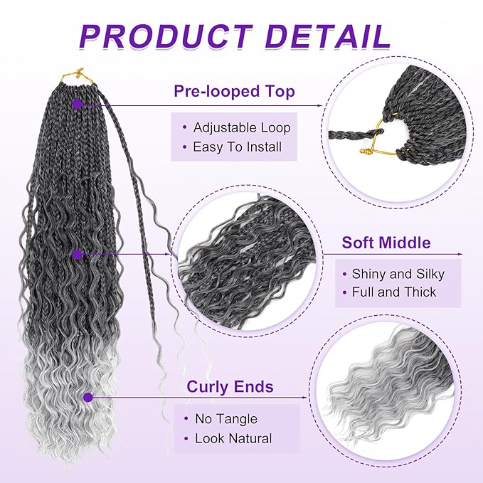 Eacia Goddess Box Braids Crochet Hair 18 Inch 7 Packs Ombre Gray Pre Looped Boho Box Braids Crochet Hair Extensions with Curly Ends(18 Inch, T1B/Gray#)