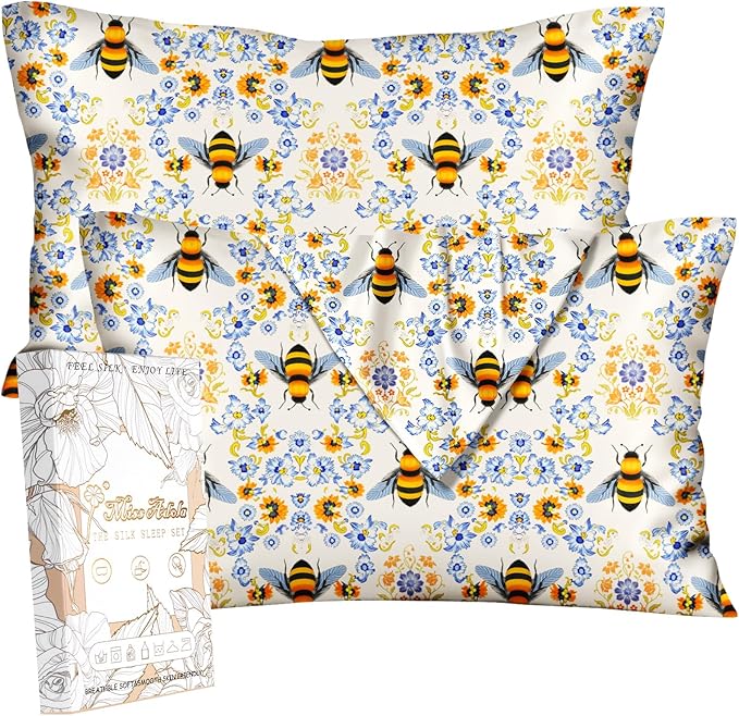 Silk Pillowcase 2 Pack - Cute Pillow Cases 20" x 26" Standard Size Set of 2 for Hair and Skin Smooth Soft Breathable with Hidden Zipper Cooling Pillow Covers for Sleeping, Flower Bee