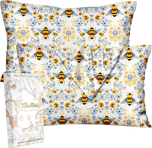 Silk Pillowcase 2 Pack - Pillow Cases 20" x 36" King Size Set of 2 for Hair and Skin Smooth Soft Breathable with Hidden Zipper Cooling Pillow Covers for Sleeping, Flower Bee