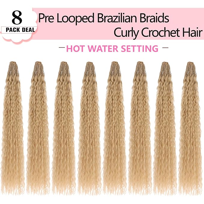 Xtrend 24 Inch Pre Looped Micro Curly Crochet Hair 8 Packs Honey Blond Brazilian Kinky Curly Braiding Hair Extensions Synthetic Deep Wave For Mini Senegalese Twist Hair for Women (30 Strands/Pack，27#)