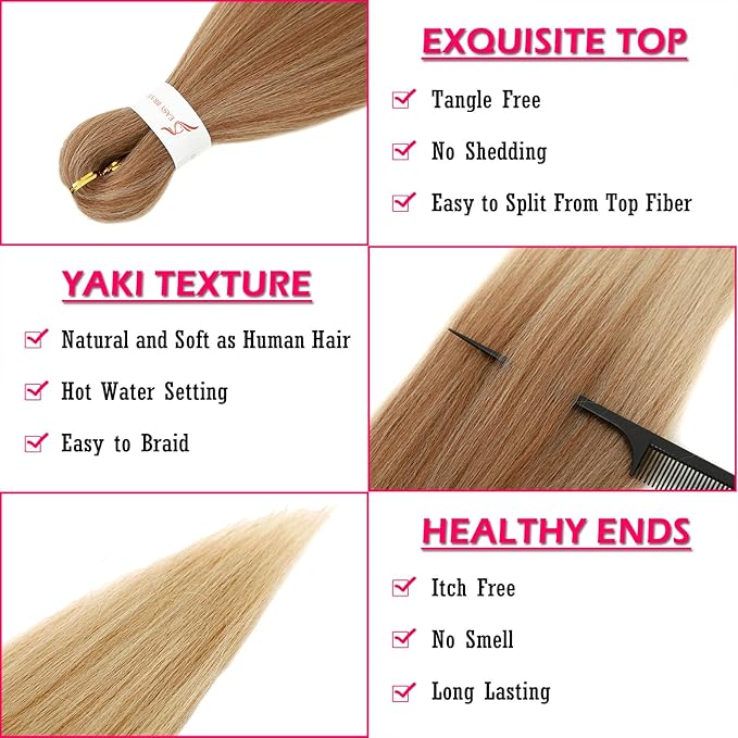 Dorsanee Ombre Light Brown Braiding Hair Pre Stretched 24 Inch 3 Packs Braiding Hair Extensions for Box Braids Twists Locs Soft Yaki Texture Hot Water Setting (#Ombre Light Brown)