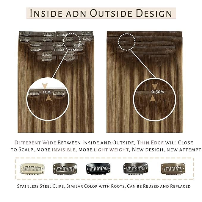 Caliee Balayage Clip in Hair Extensions Real Human Hair Fluffy Not Tangled Seamless Hair Extensions Clip in Human Hair 20 Inch 115G 8 Pcs R4-4/27 Chocolate Brown to Caramel Blonde Hair