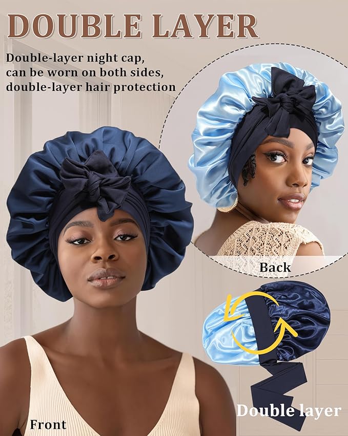 Reversible Satin Bonnet for Sleeping Women Double Layer Hair Bonnet with 2PCS Hair Scrunchies Elastic Tie Band Night Cap