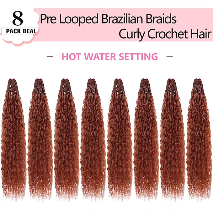 Xtrend 8 Packs Ginger Brazilian Braid Kinky Curly Crochet Hair 18 Inch Pre Looped Micro Curly Crochet Hair Extensions Water Wave Synthetic Deep Wave Crochet Hair For Black Women(30Strands/Pack，350#)