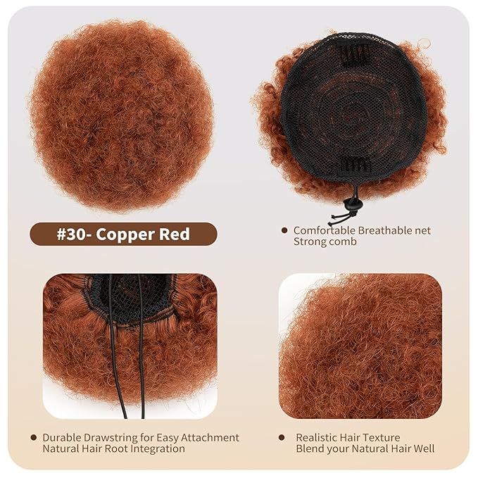 Kids Afro Puffs Ponytail for Black Women Natural Real Human Hair Short Kinky Curly Ponytail Extension 4c Drawstring Ponytail Cheer Fake Bun African American Afro Updo High Buns Copper Red 6 Inch 40g