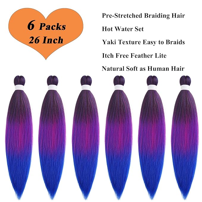Ombre Braiding Hair Pre Stretched 1b Pink Blue Braids Hair Extensions for Braiding Hypoallergenic Knotless Synthetic Pre Sectioned Braiding Hair Bundles Weave 26 Inch 6 Packs