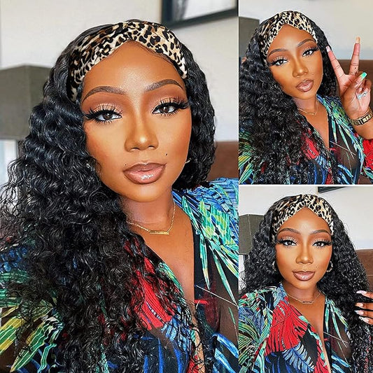 SENSAIRUITE Headband Wig Human Hair 18-Inch Deep Wave Headband Wigs for Black Women 180% Density Wear and Go Glueless Curly Wig Natural Color