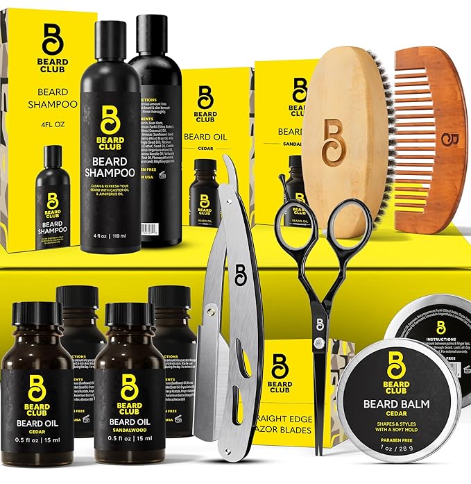 The Beard Club Beard Kit for Men - Grooming & Care Kit - Cedar & Sandalwood Oil, Cedar Balm, Shampoo, Brush, Comb, Trimming Scissors, Straight Edge Razor - Gift Set