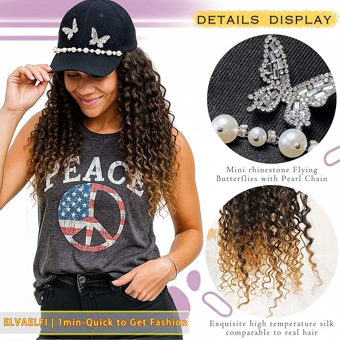Hat with Gogo Hair Extensions, 16-Inch Synthetic Curly Brown Wig, Beach Curl Crochet Hair for Black Women