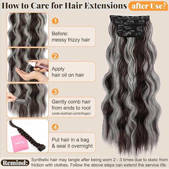 ALXNAN Clip in Long Wavy Synthetic Hair Extension 24 Inch Dark Brown Mix White Highlights 4PCS Thick Hairpieces Fiber Double Weft Hair for Women