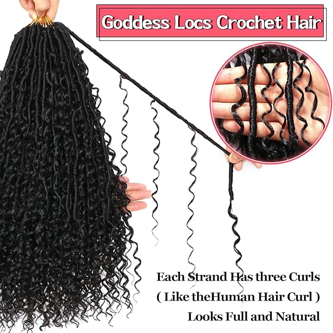 Goddess Locs Crochet Hair-18 Inch 8 Packs Boho Faux Locs Crochet Hair for Black Women Pre Looped Soft Locs with Curly Ends (1B#, 18 Inch(Pack of 8))