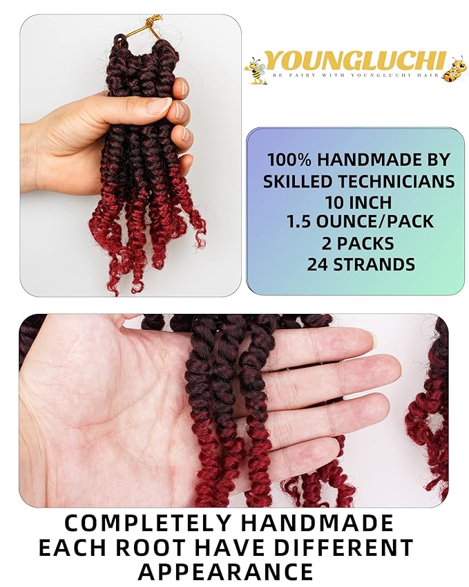 Pre-Twisted Passion Twist Crochet Hair for Black Women Passion Twist Hair Pre Looped Bohemian Braids 10 Inch 2 Packs Ombre Burgundy Short Bob Curly Braiding Hair Extensions(10"-2P,T1B/BUG)
