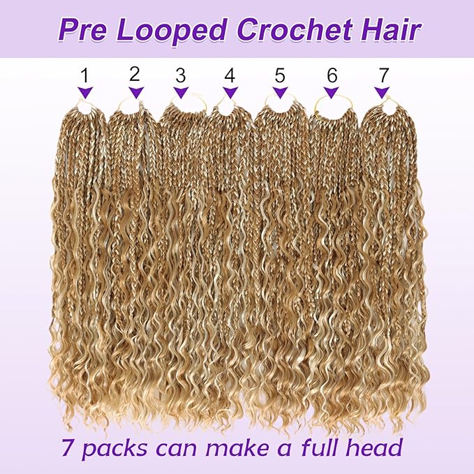 Eacia Goddess Box Braids Crochet Hair 18 Inch 7 Packs Honey Blonde Boho Box Braids Crochet Hair Extensions with Curly Ends for Women(18 Inch, P27/613#)