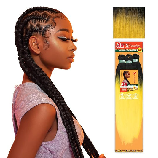 Sensationnel X-pression prestretched braiding hair - 3x braid 58 inch all kanekalon flame retardant synthetic braid for box braids and twists (1 pack, T1B/MUSTARD)