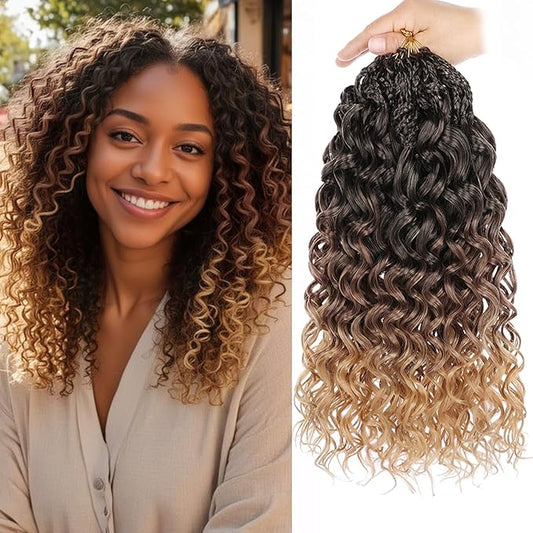Leeven Gogo Curl Crochet Hair 14 Inch 8 Packs Ombre Brown to Honey Blonde Ocean Wave Crochet Hair Pre Looped Deep Twist Goddess Box Braids Short Curly Water Wave Synthetic Hair for Women Girl Kids