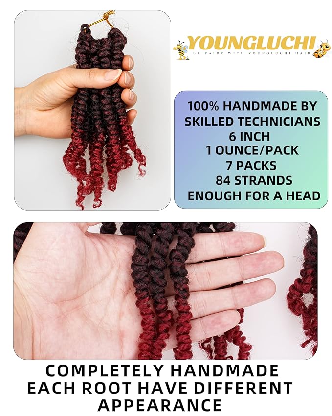 Super Short Passion Twist Crochet Hair for Black Women and Kids-6 Inch 7 Packs Ombre Burgundy Pre Looped Pre-twisted Passion Twist Hair,Bob Spring Kinky Twist Bohemian Curl(6"-7P,TBUG)
