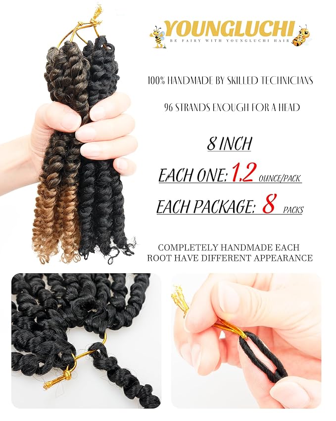 Passion Twist 8 Inch Crochet Hair-Mixed Color Combo (6+2 Packs 1B+T27), Pre-twisted, Pre-looped Soft & Bouncy Synthetic Braided Hair Extensions For Black Women