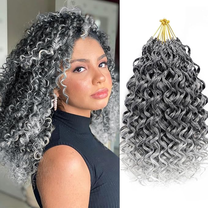 7 Packs Gogo Curl Grey Crochet Hair for Women 14 Inch Pre-Twisted Curly Crochet Hair Pre Looped Deep Ocean Water Wave Beach Curl Crochet Braids Synthetic Braiding Hair Extensions (14 Inch, 1B/Gray)