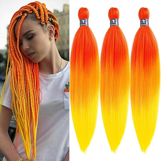 Red Orange Yellow Ombre Braiding Hair Pre Stretched Kanekalo Colored Braiding Hair Extensions for Braiding Box Braids Prestretched Pre Sectioned Braiding Hair Ombre 26 inch