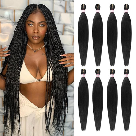 Pre Stretched Braiding Hair Extension Natural Black Color 8 Packs 28 Inch Long Professional Hair for Braiding Twist Braids Itch Free Hot Water Setting Yaki Straight Synthetic Hair for Women (#1B)