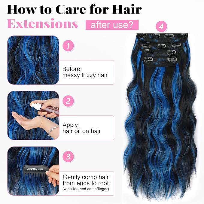 ALXNAN Clip in Long Wavy Synthetic Hair Extension 24 Inch Black Mix Blue Highlights 4PCS Thick Hairpieces Fiber Double Weft Hair for Women